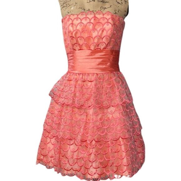 Jovani Strapless A-Line Peach Ruffled Lace Designer Women’s Mermaid Mini Dress 2 - Picture 1 of 14